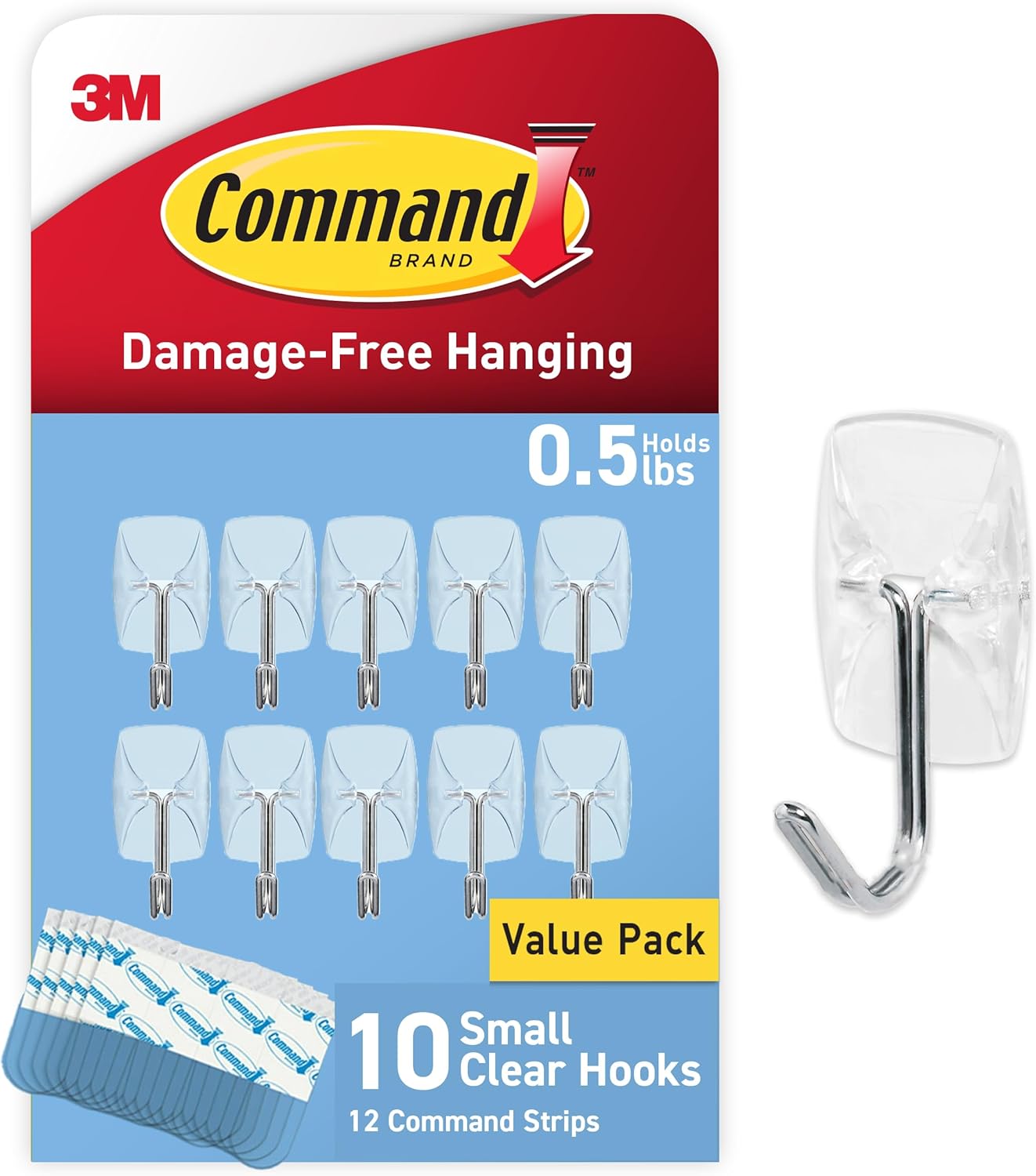 Command Small Clear Wire Toggle Hooks. 10 Wall Hook and 12 Strips. Damage-Free Hanging with Adhesive. Great for Hanging. Organization and Storage. Holds up to 0.5 lb